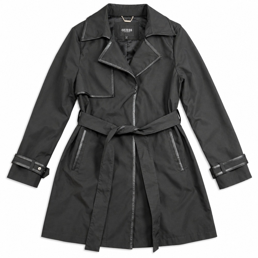 GUESS Womens Large Black Belted Trench Coat Faux Leather Trim Water Resistant